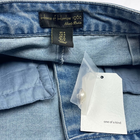 House of Harlow 1960 Nicole Richie Denim Mini Skirt Pearl Buttons Stretch Size 4 - Picture 3 of 7